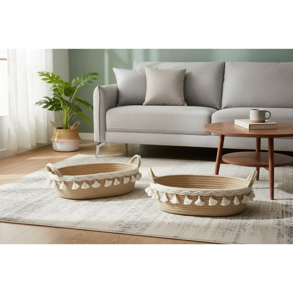 Set of 2 Boho Cotton Rope Storage Baskets with Tassels Oval Woven Organizers